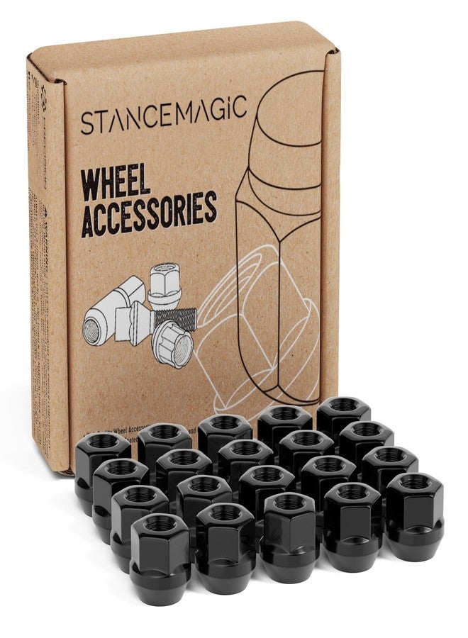 StanceMagic 20pcs Black Open End Lug Nuts - Metric 12x1.5 Thread Size - 0.81" Length - Cone Conical Taper Acorn Seat - 19mm 3/4" Hex Head - Compatible with Many Acura Honda Lexus Kia Mazda Mitsubishi Toyota - Image 1